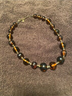 Vintage Liz Claiborne Brown Amber Glass Bead Necklace with Gold Accents